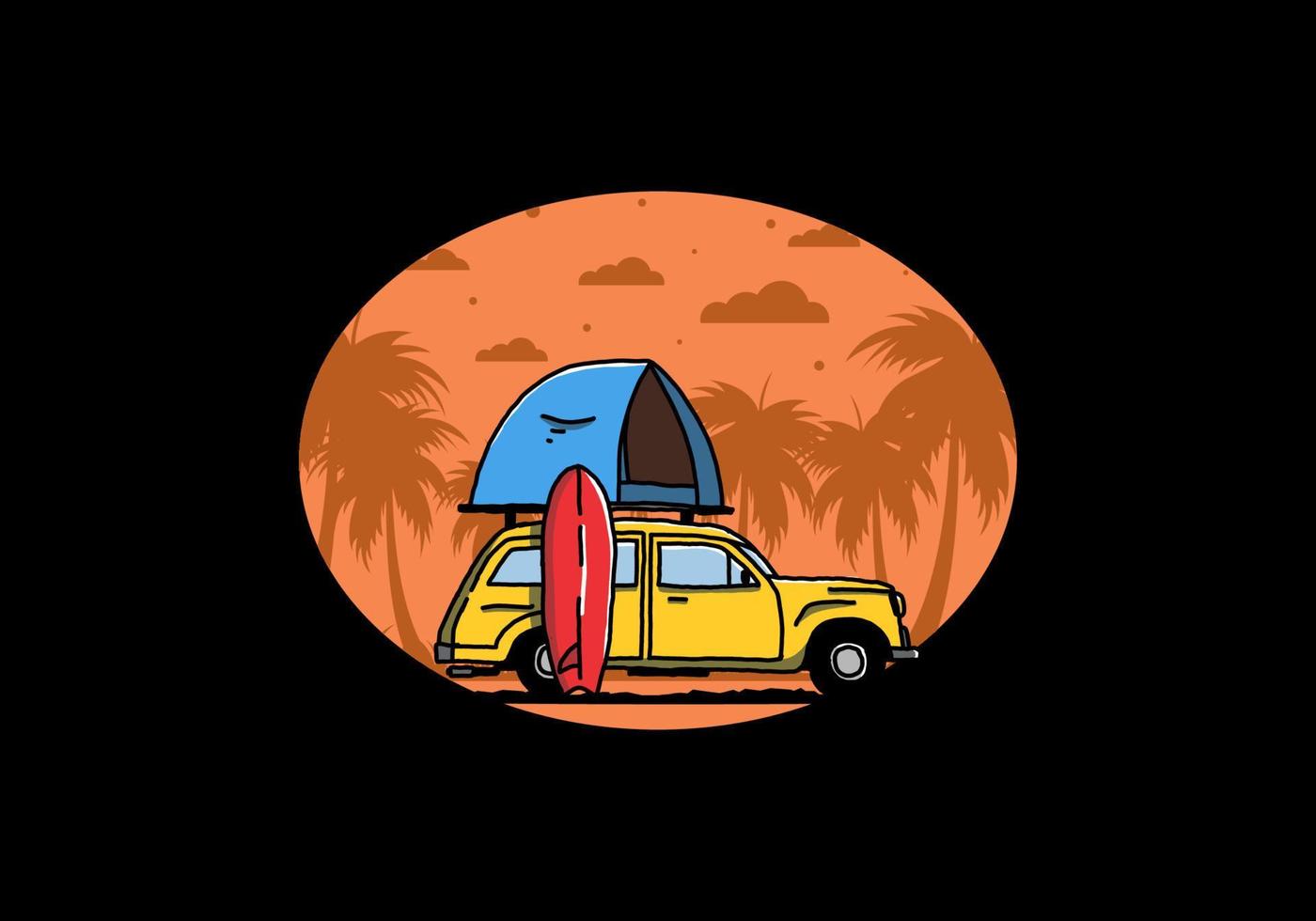 ilustración de un coche con una carpa en el techo y una tabla de surf al costado vector