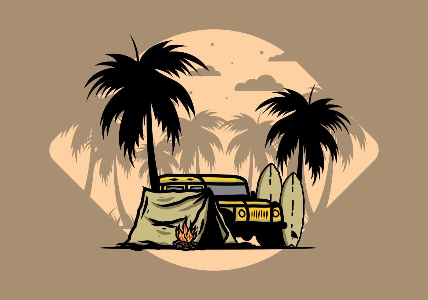 Camping on the beach with off road car vector
