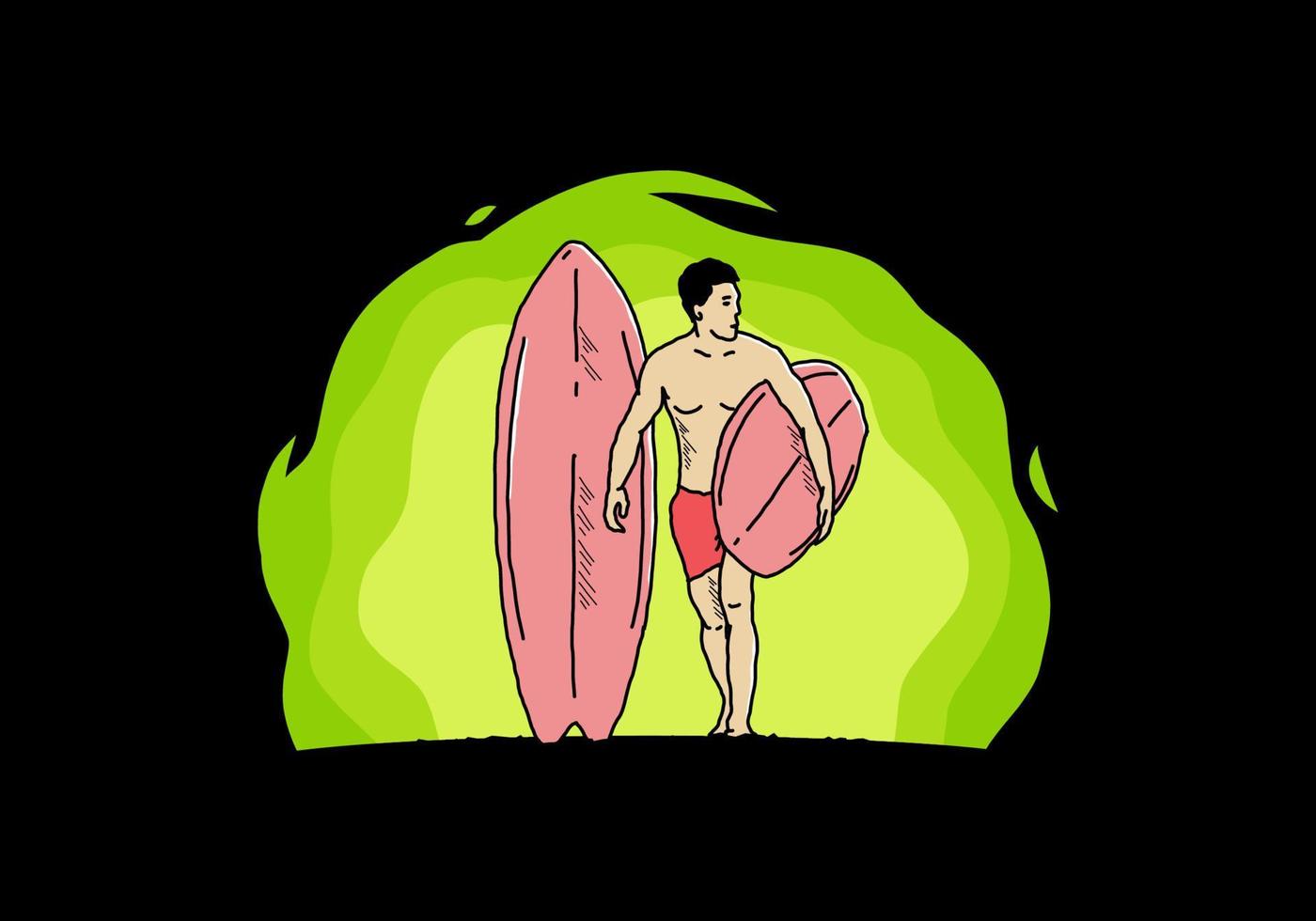 el hombre sin camisa que sostiene la ilustración de la tabla de surf vector