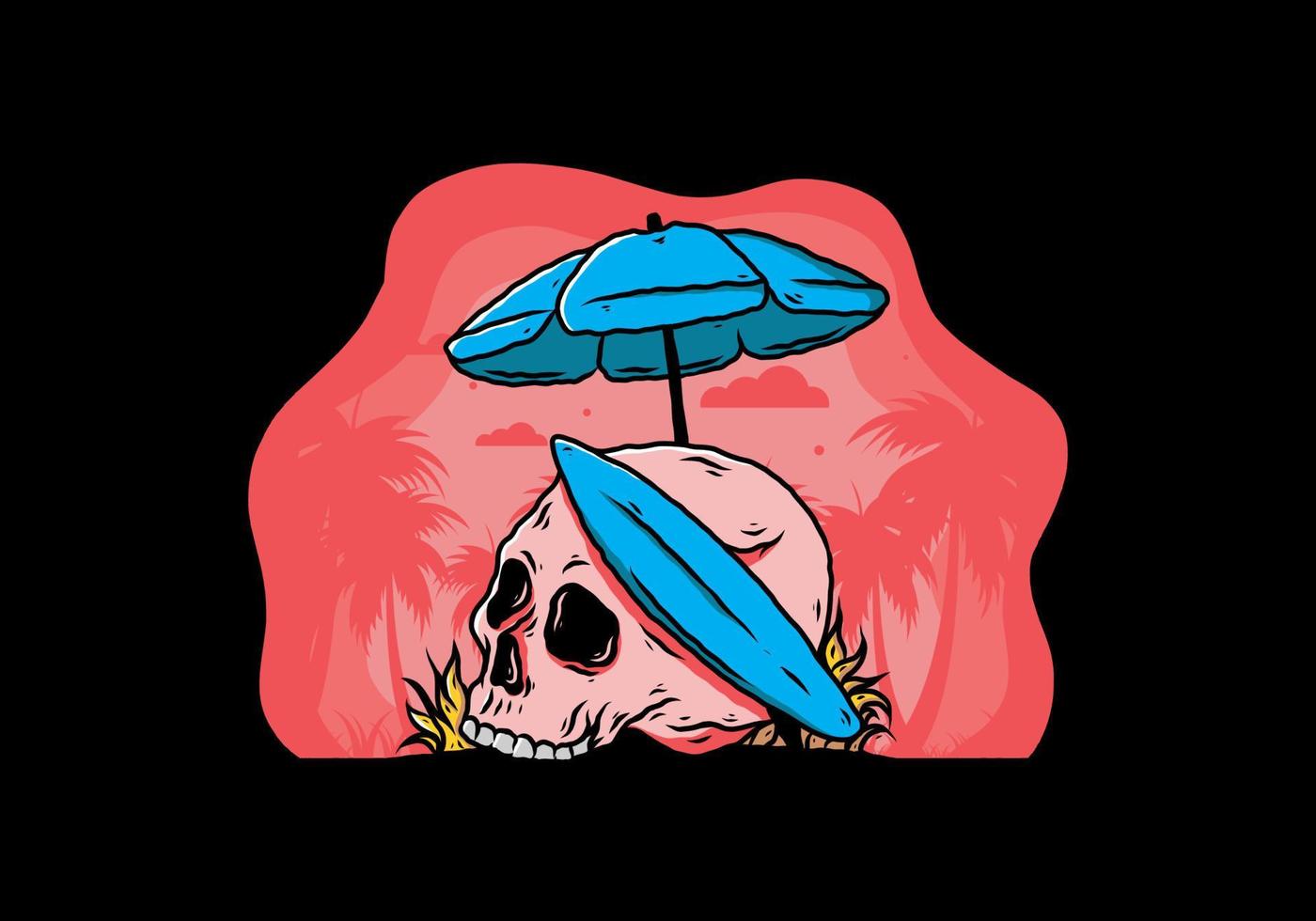 ilustración de calavera con tabla de surf bajo sombrilla de playa vector