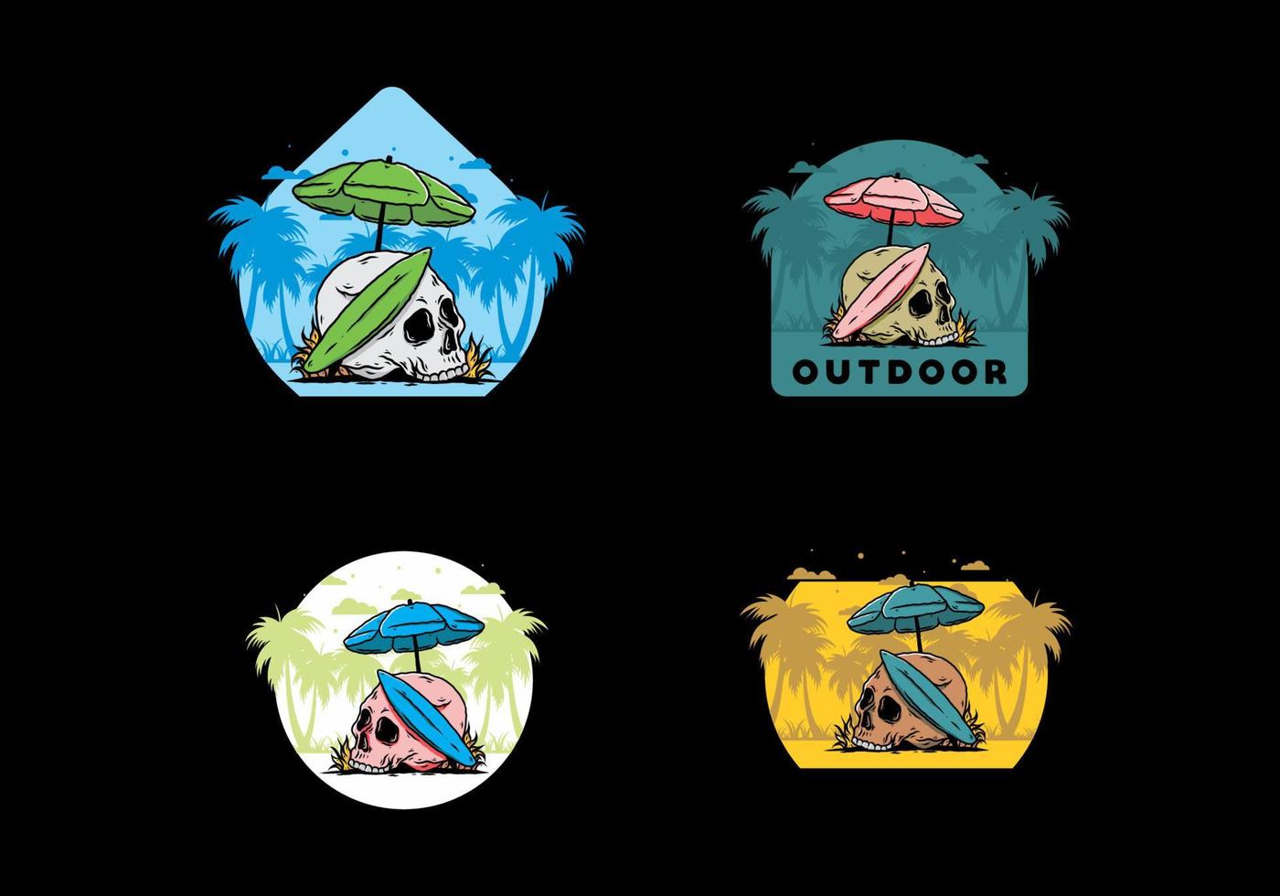illustration of skull with surfing board under beach umbrella vector