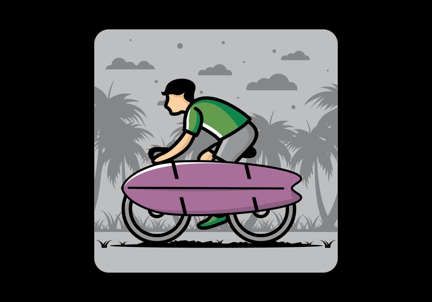 Ride a bike with a surf board illustration vector