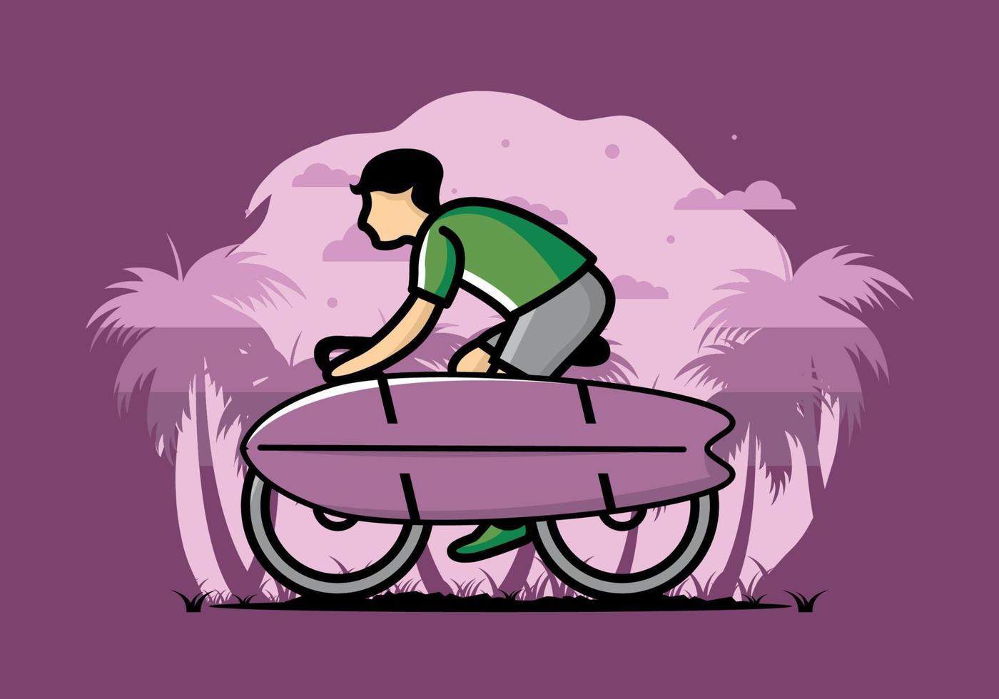 andar en bicicleta con una ilustración de tabla de surf vector