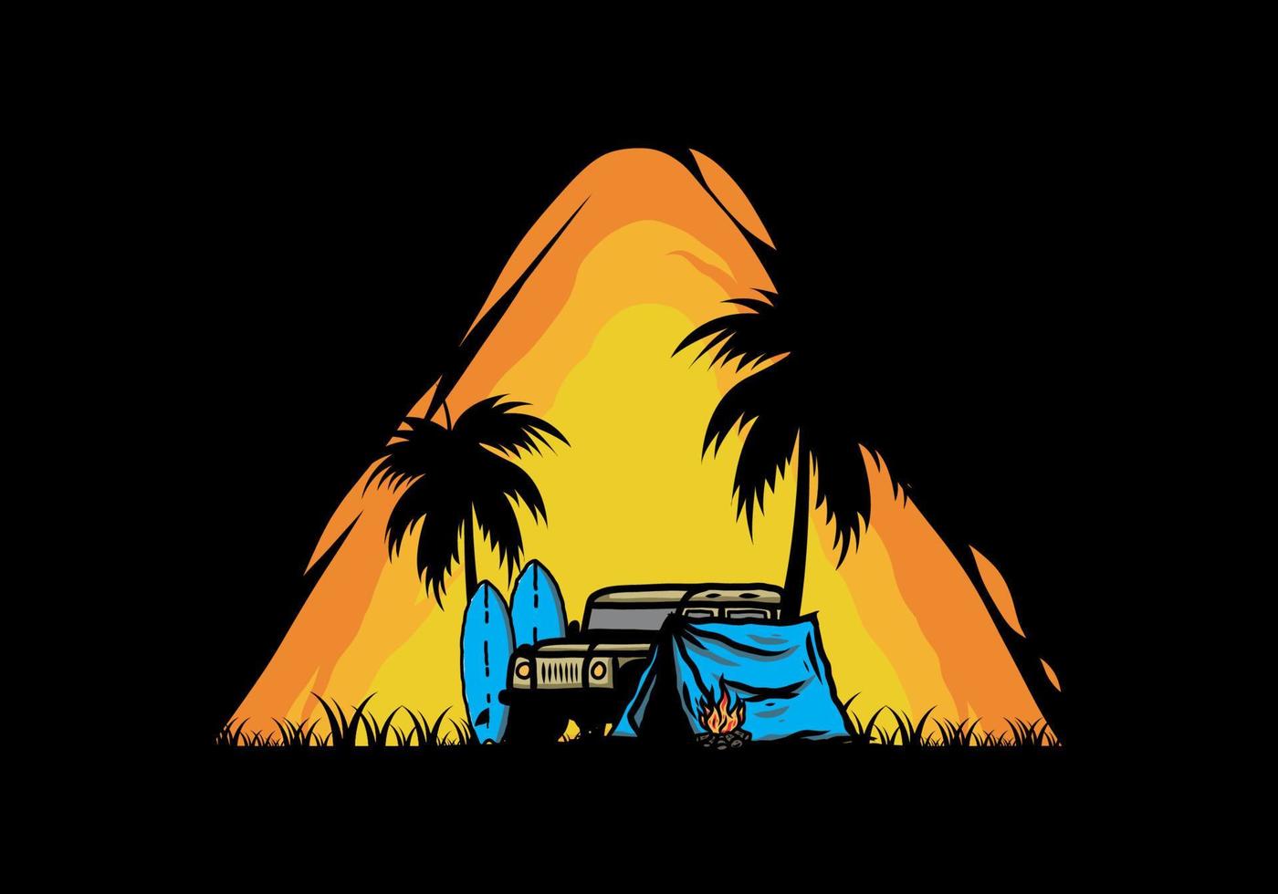 Camping on the beach with off road car vector