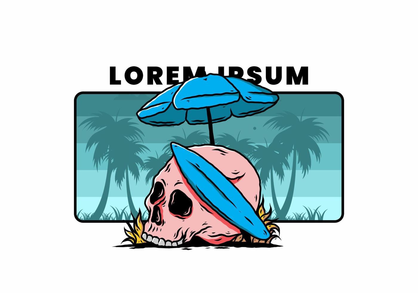 ilustración de calavera con tabla de surf bajo sombrilla de playa vector