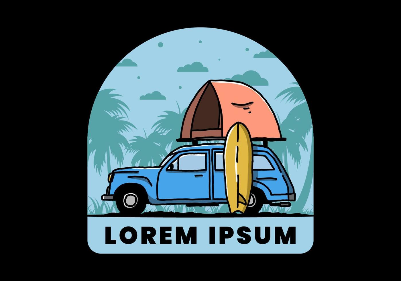 Illustration of car with a roof tent and a surfboard on the side vector