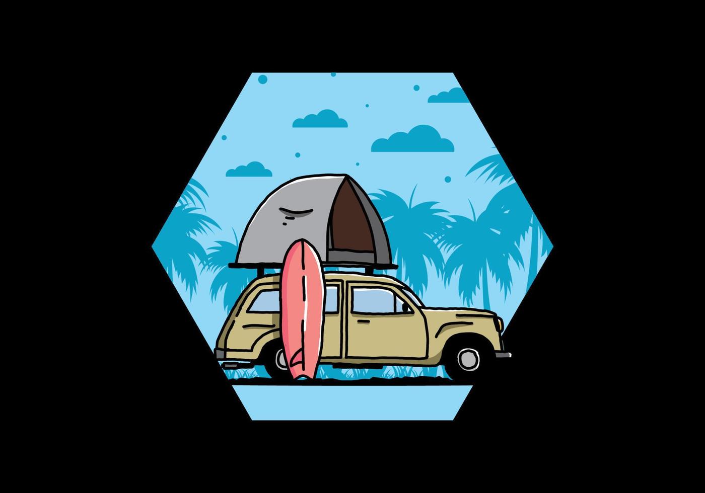 ilustración de un coche con una carpa en el techo y una tabla de surf al costado vector