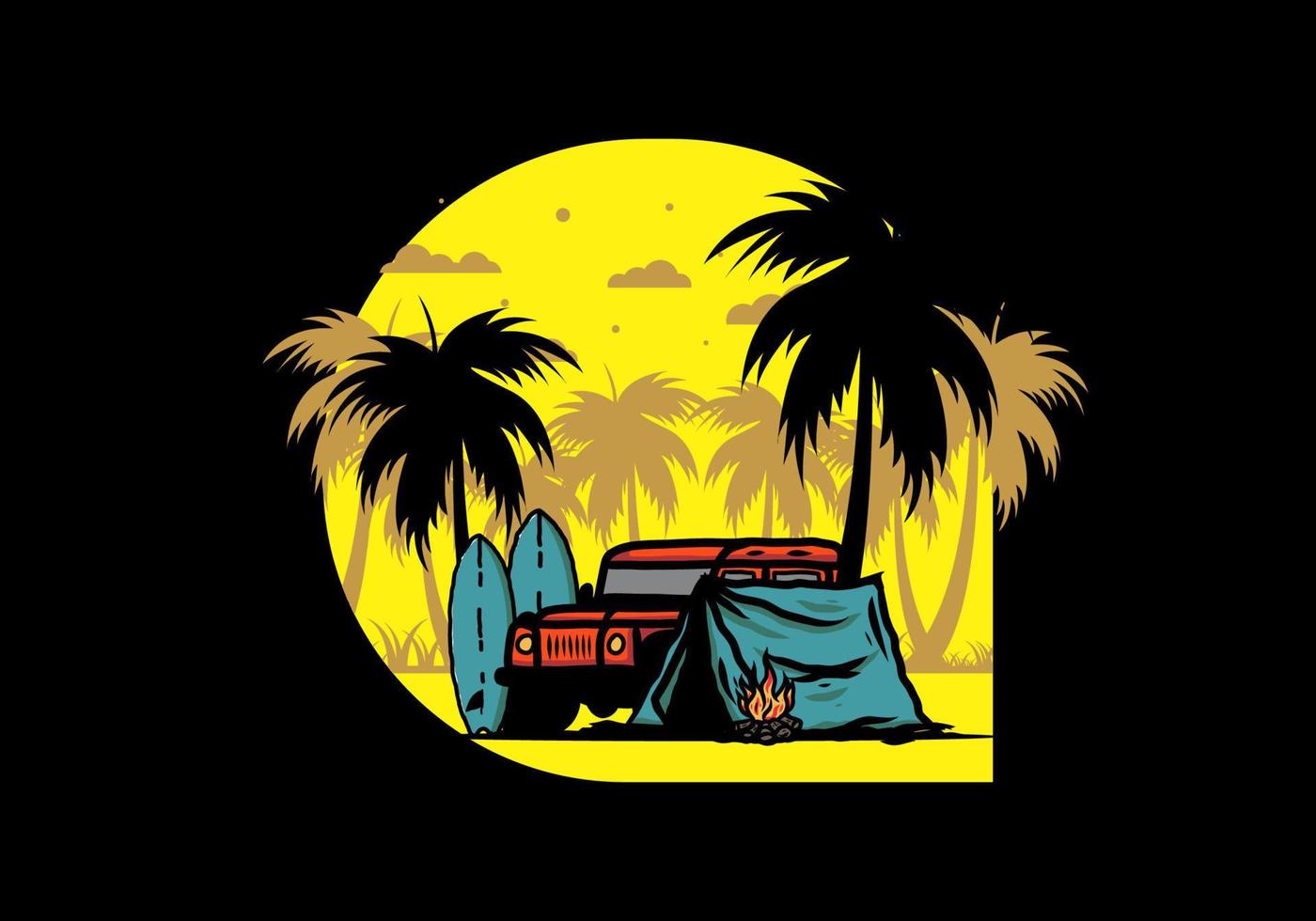 Camping on the beach with off road car vector