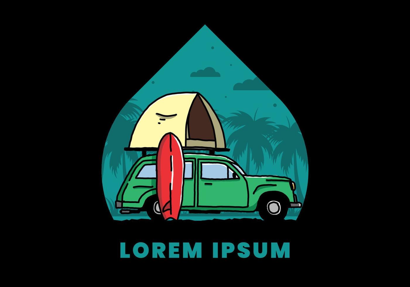 ilustración de un coche con una carpa en el techo y una tabla de surf al costado vector