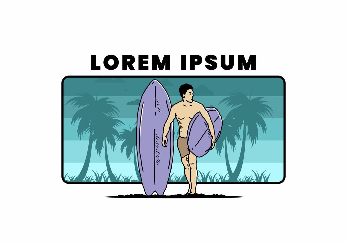 el hombre sin camisa que sostiene la ilustración de la tabla de surf vector