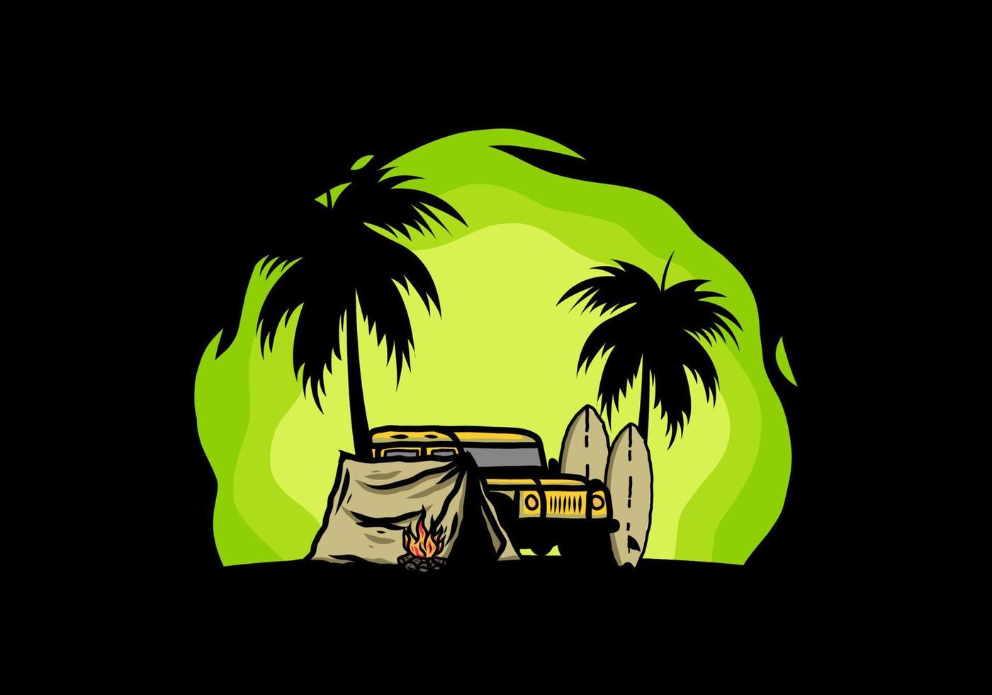 Camping on the beach with off road car vector