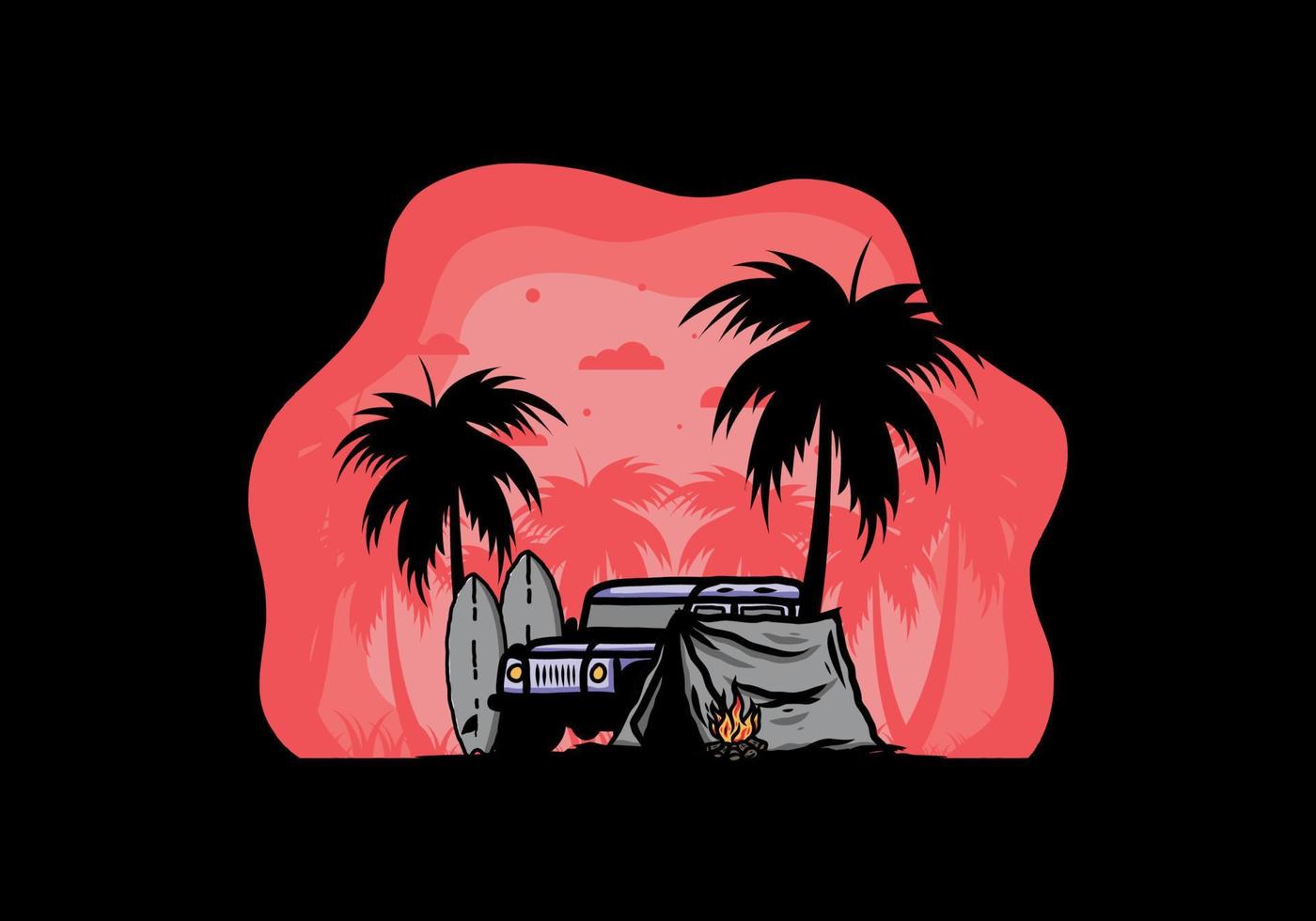 Camping on the beach with off road car vector
