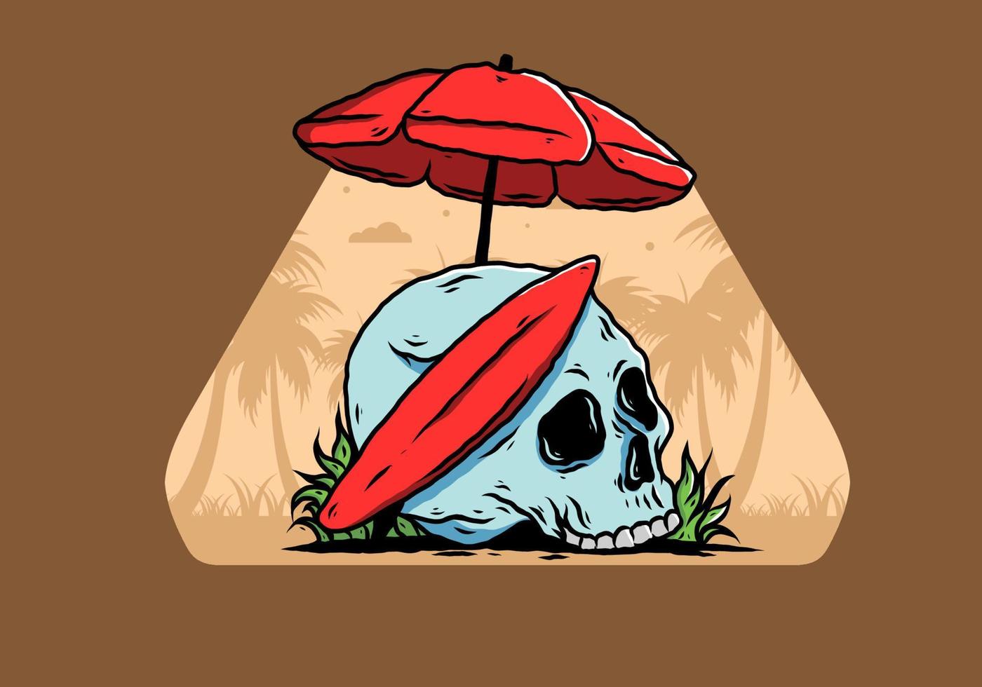 ilustración de calavera con tabla de surf bajo sombrilla de playa vector