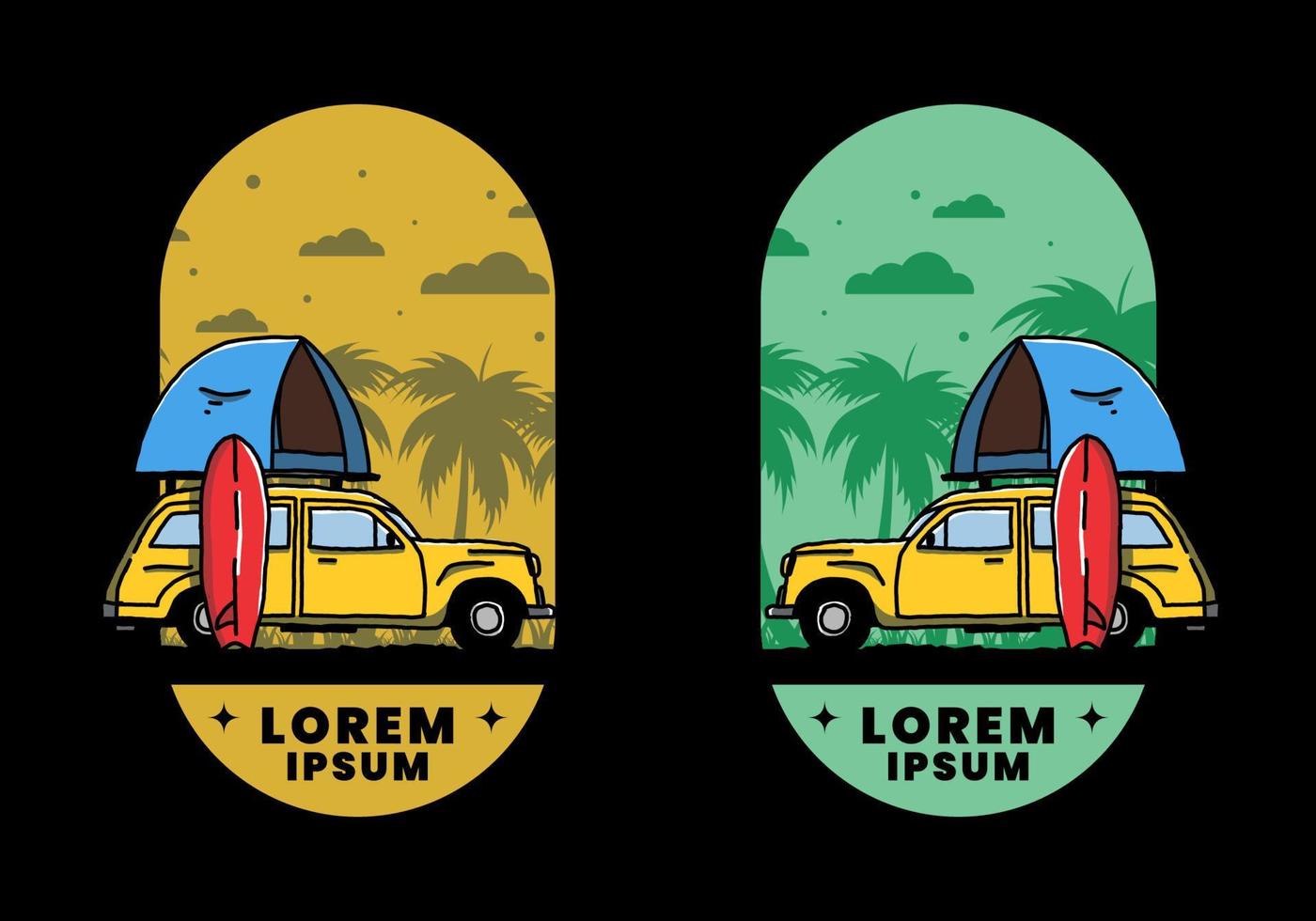 ilustración de un coche con una carpa en el techo y una tabla de surf al costado vector