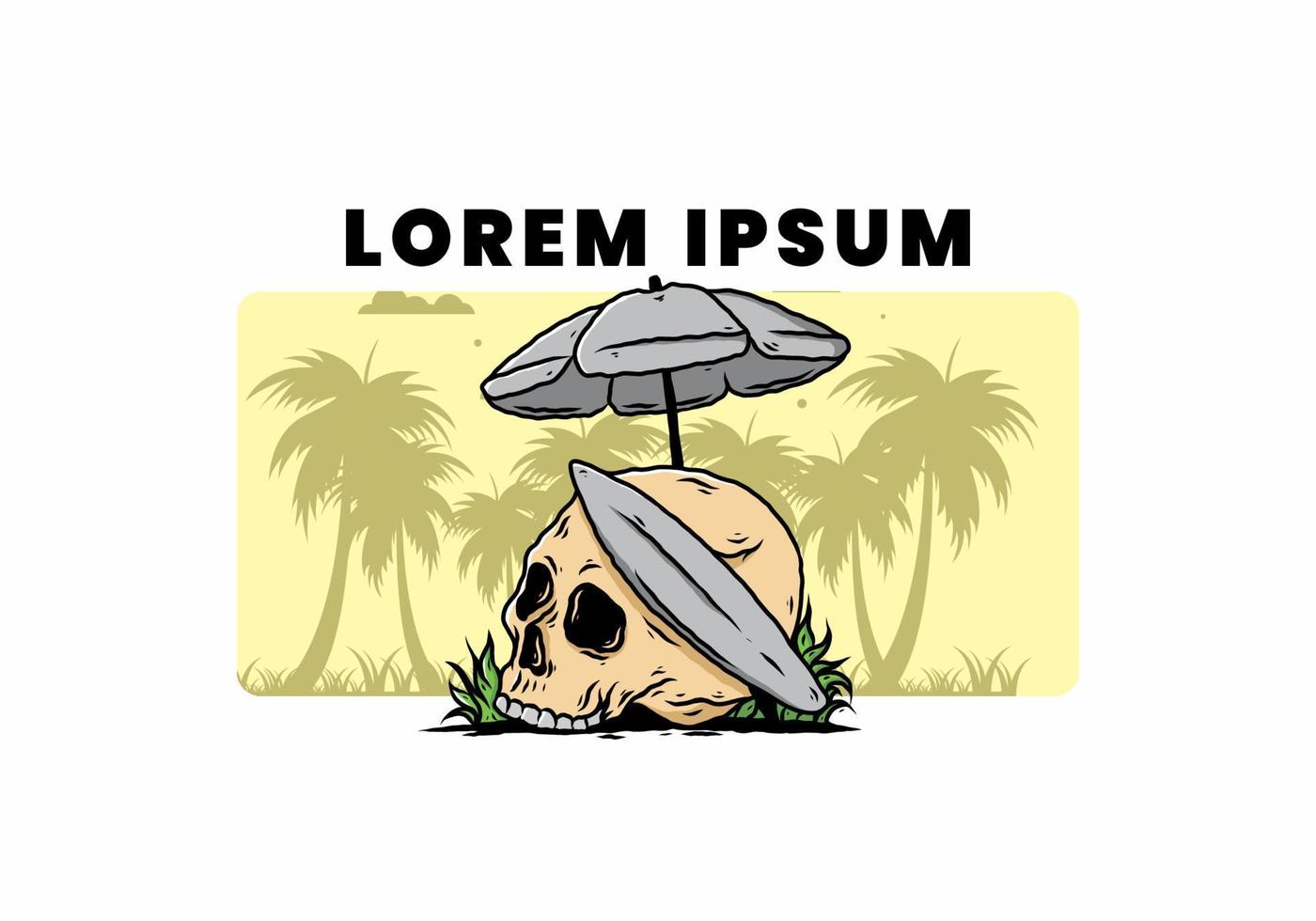 illustration of skull with surfing board under beach umbrella vector