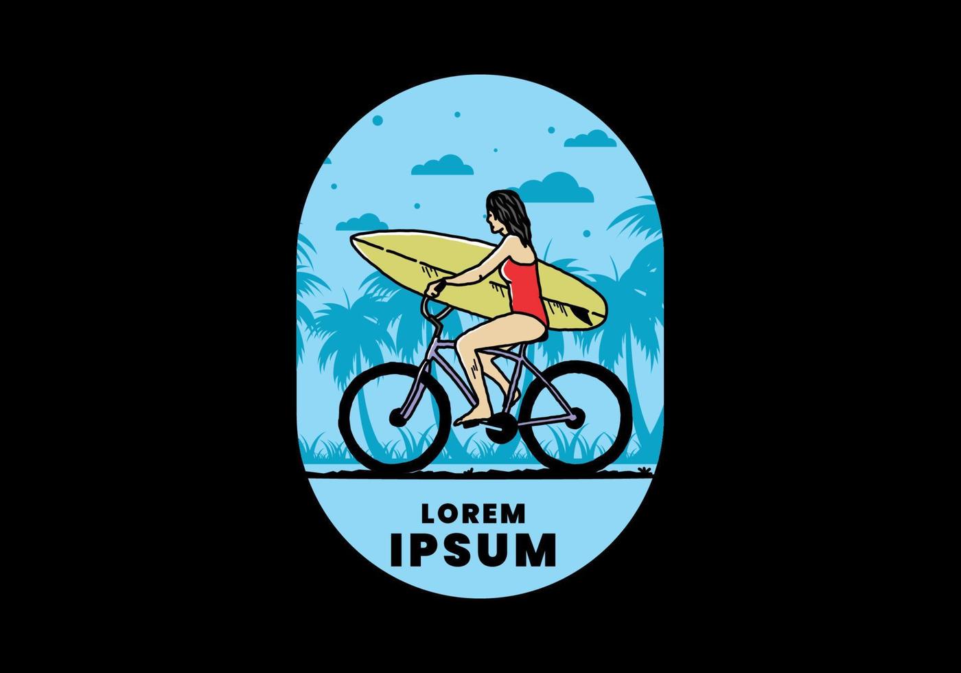 illustration of a woman going surfing on a bicycle vector