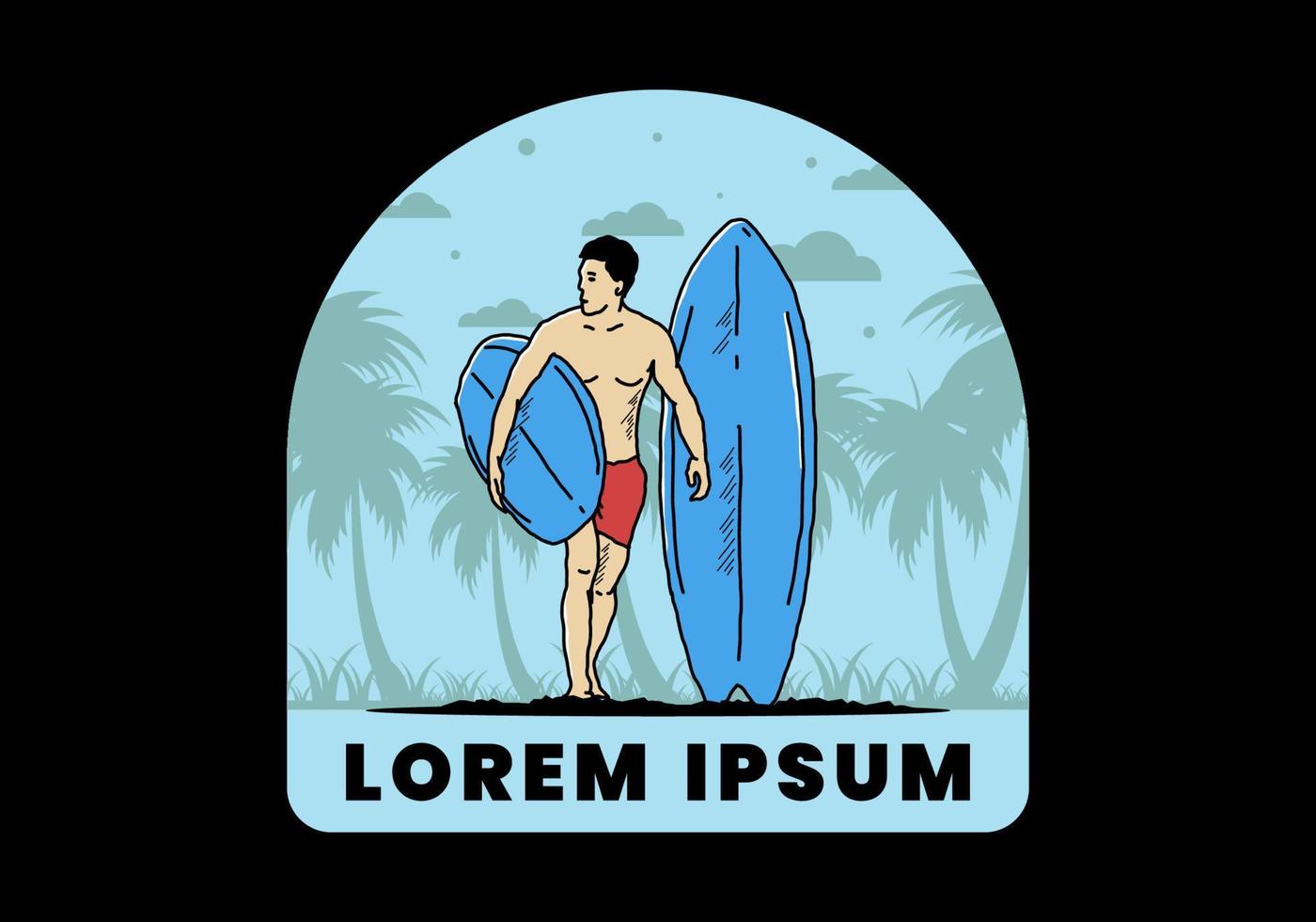 el hombre sin camisa que sostiene la ilustración de la tabla de surf vector