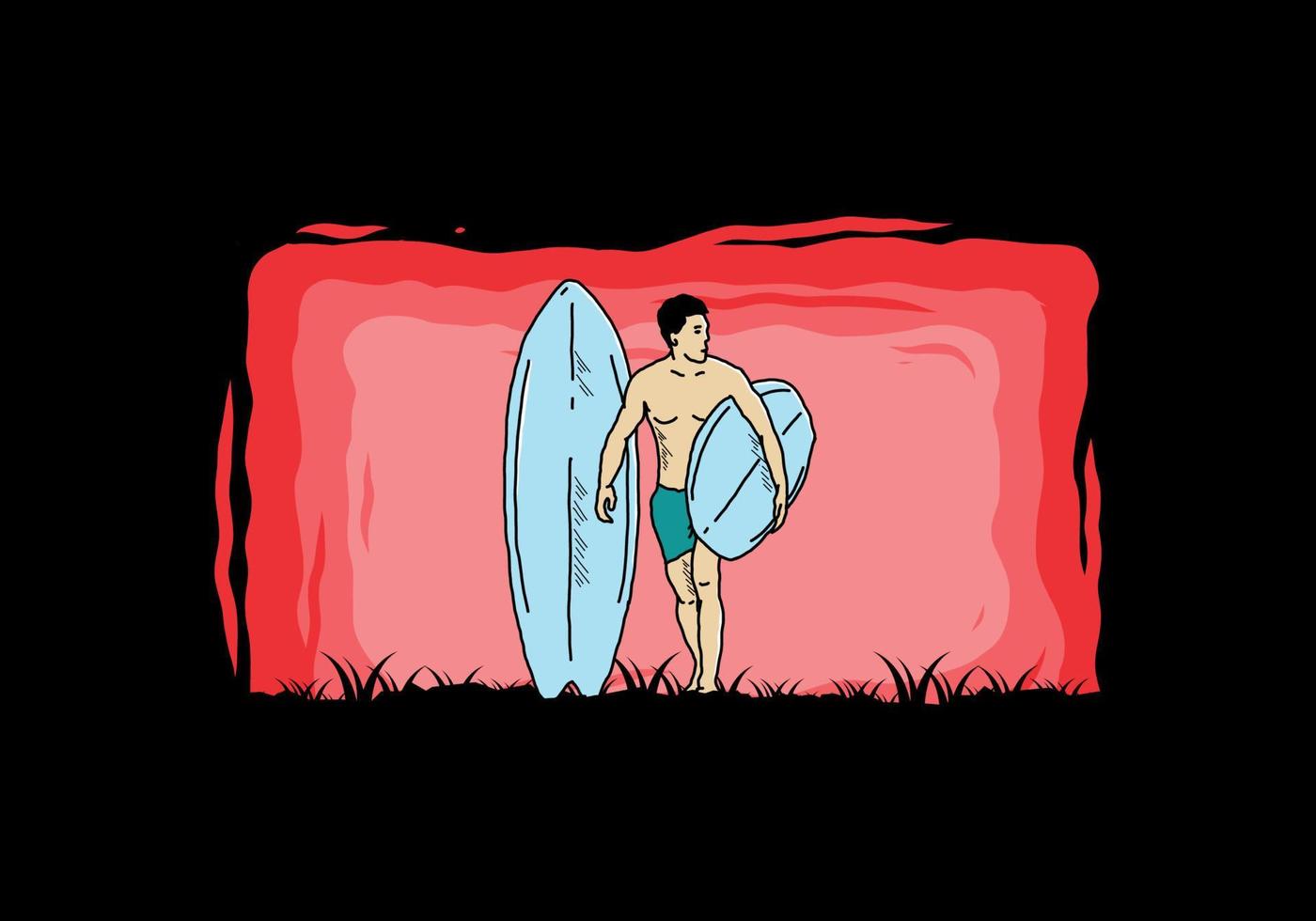 el hombre sin camisa que sostiene la ilustración de la tabla de surf vector