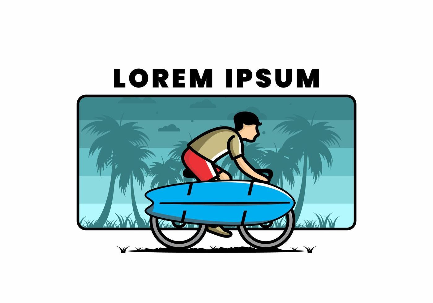 Ride a bike with a surf board illustration vector