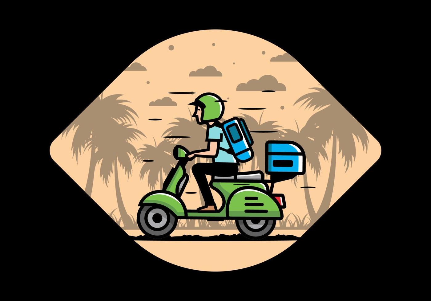 el hombre se va de vacaciones montando scooter ilustración vector