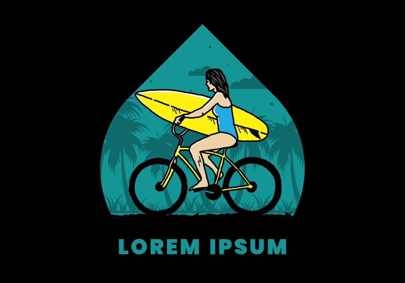 ilustración de una mujer que va a surfear en bicicleta vector