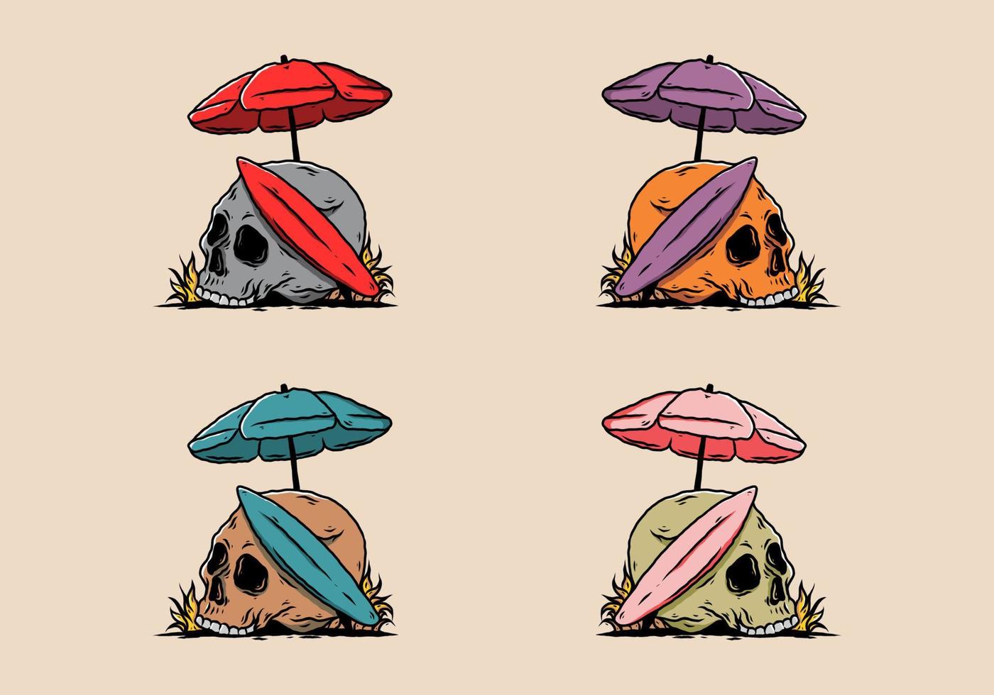 illustration of skull with surfing board under beach umbrella vector