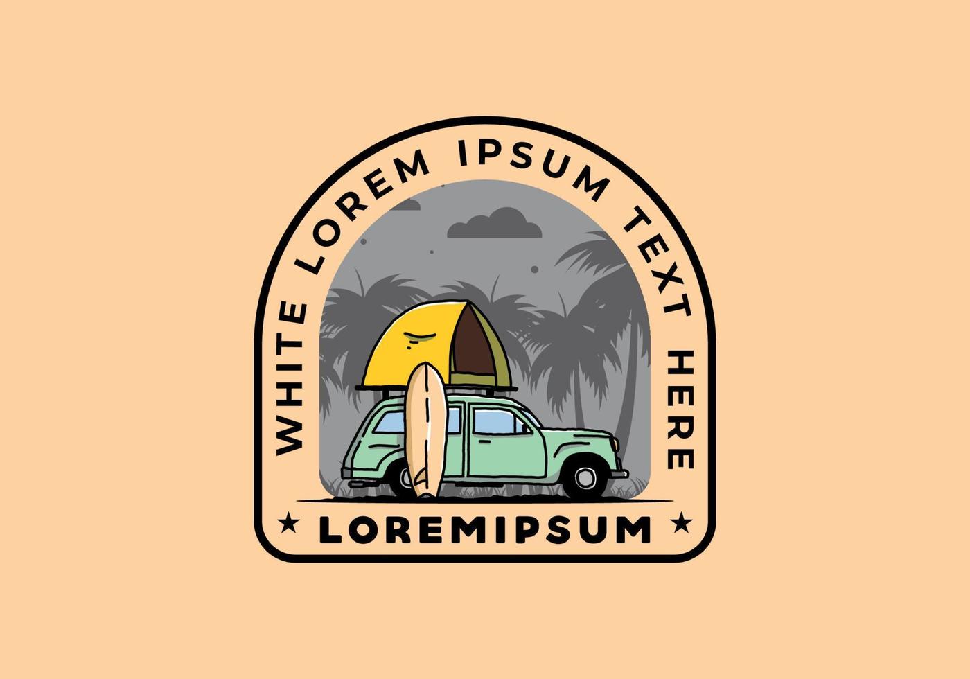 Illustration of car with a roof tent and a surfboard on the side vector