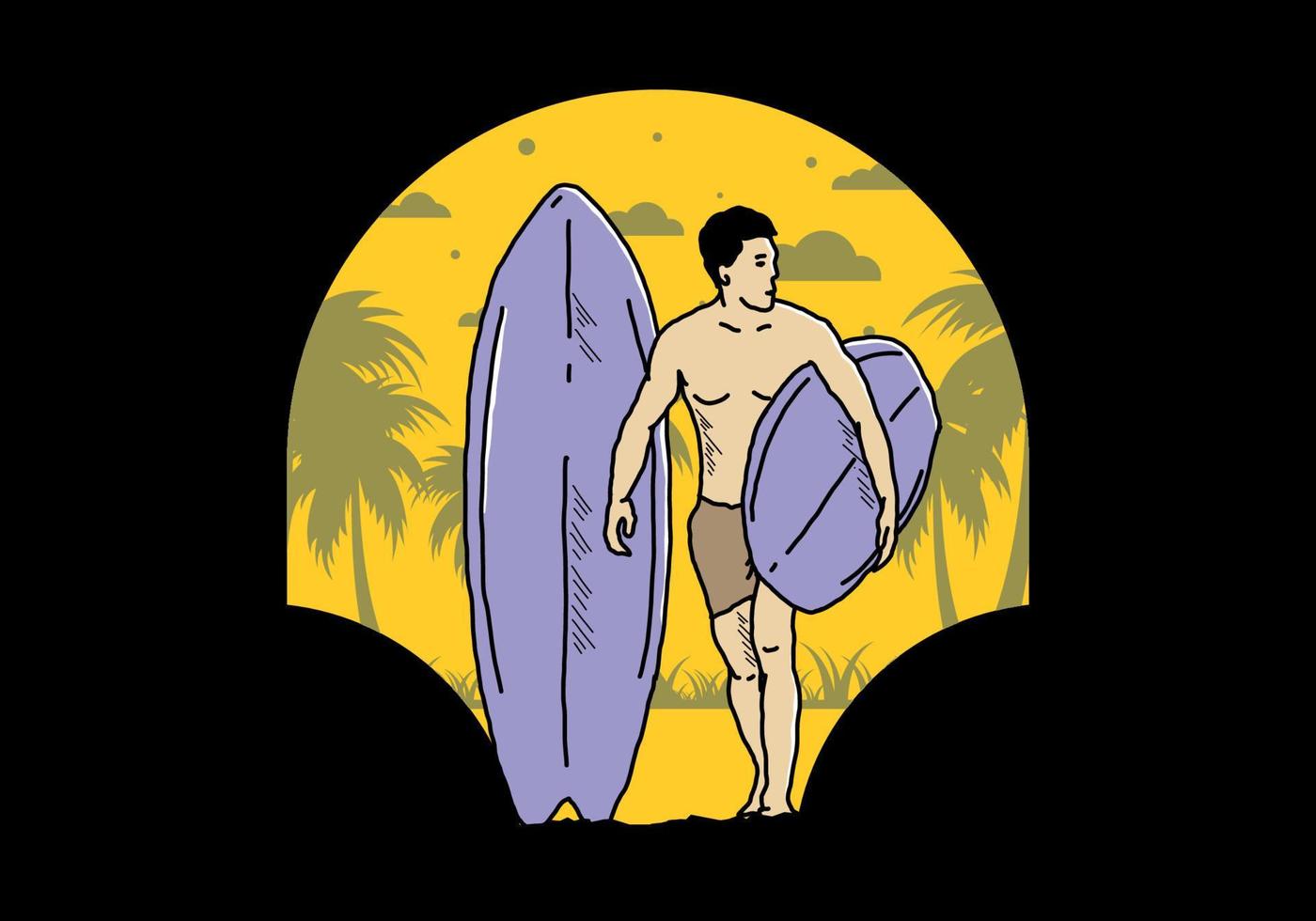 The shirtless man holding surfboard illustration vector