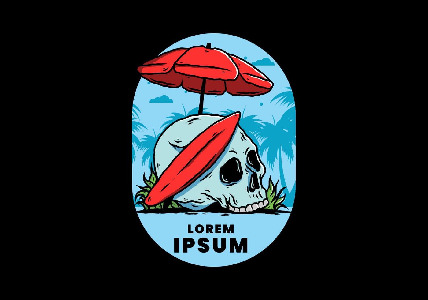illustration of skull with surfing board under beach umbrella vector