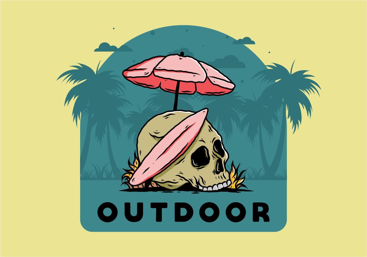illustration of skull with surfing board under beach umbrella vector