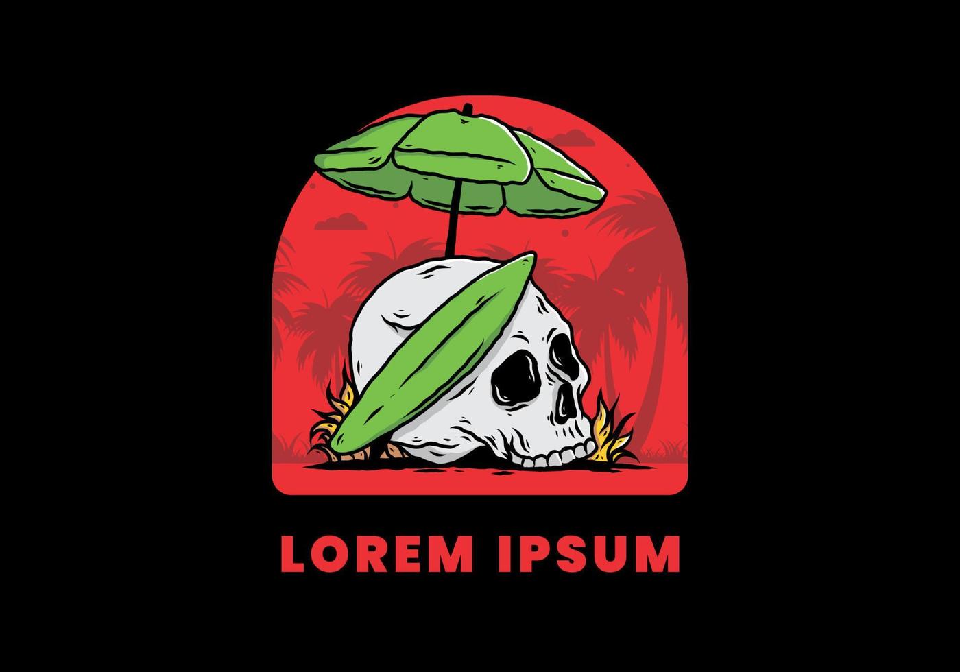 illustration of skull with surfing board under beach umbrella vector