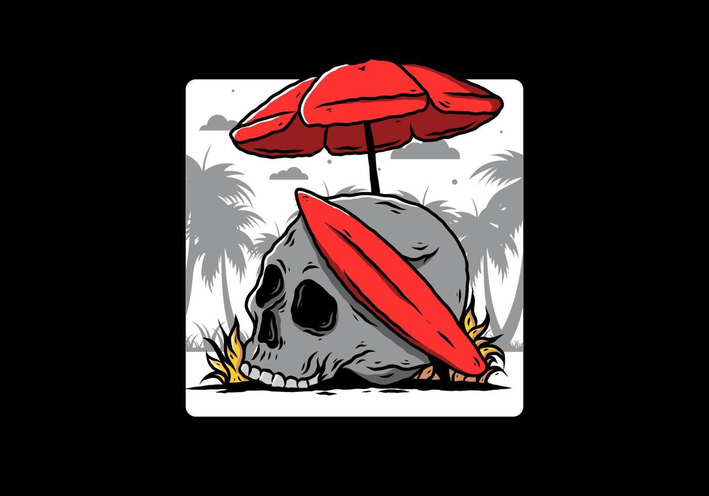 ilustración de calavera con tabla de surf bajo sombrilla de playa vector