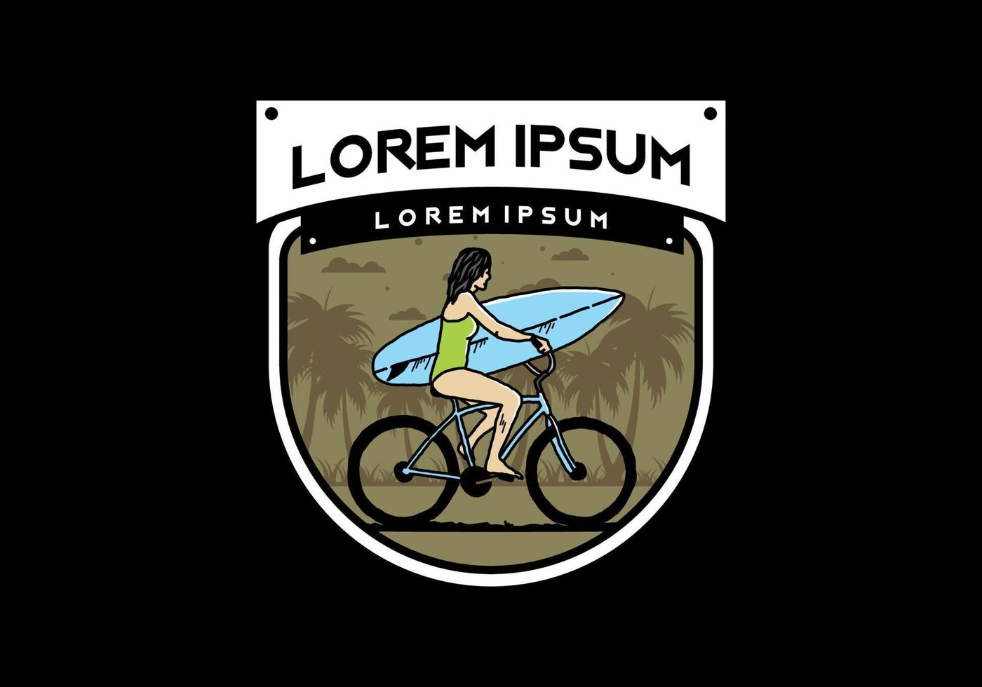 illustration of a woman going surfing on a bicycle vector