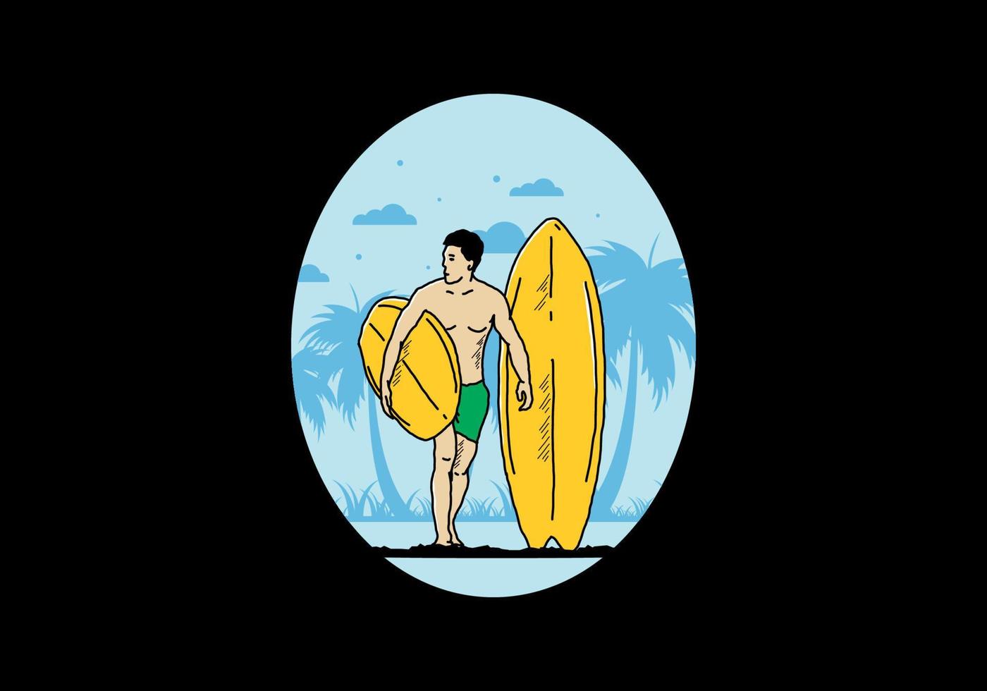 el hombre sin camisa que sostiene la ilustración de la tabla de surf vector