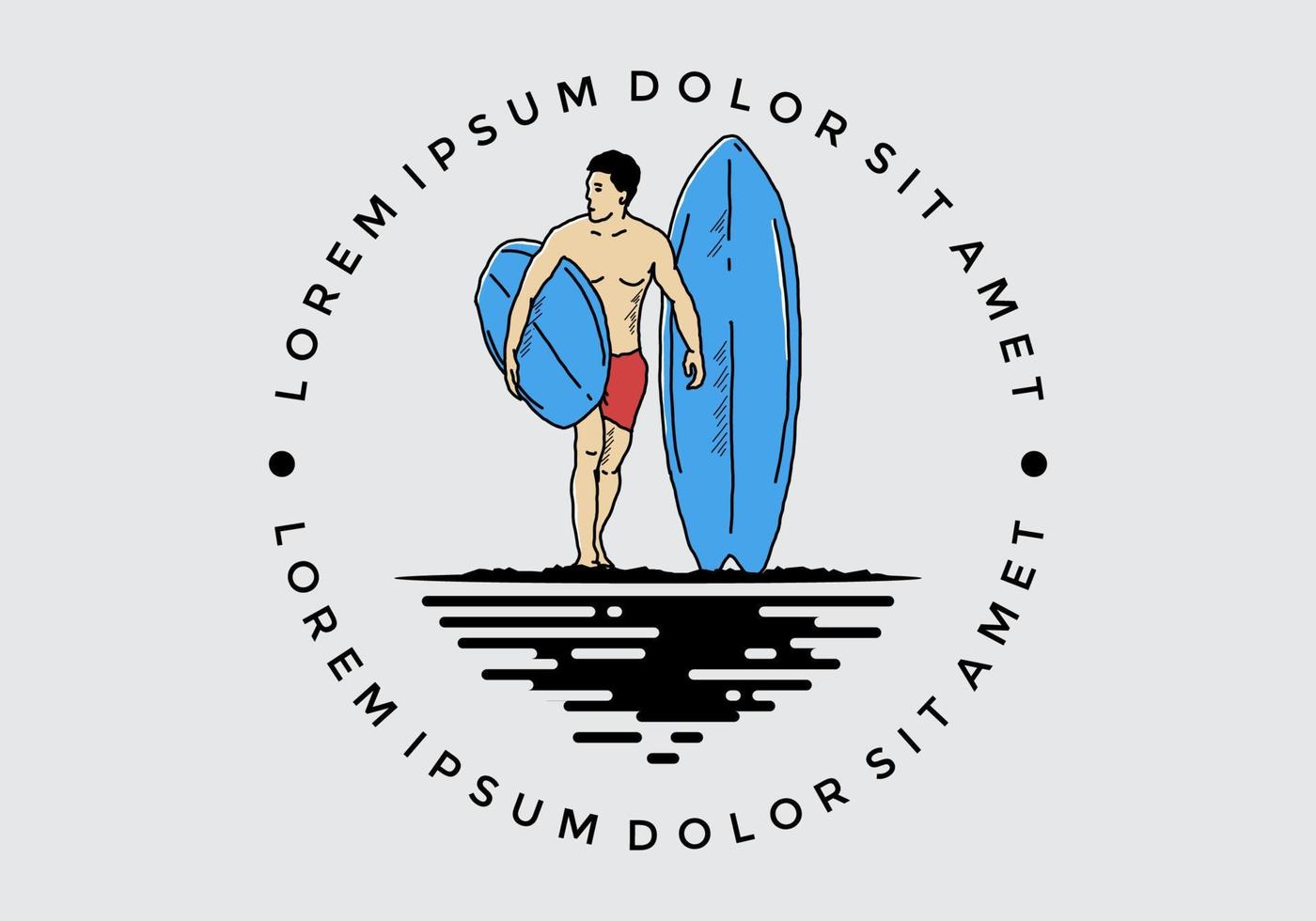 el hombre sin camisa que sostiene la ilustración de la tabla de surf vector