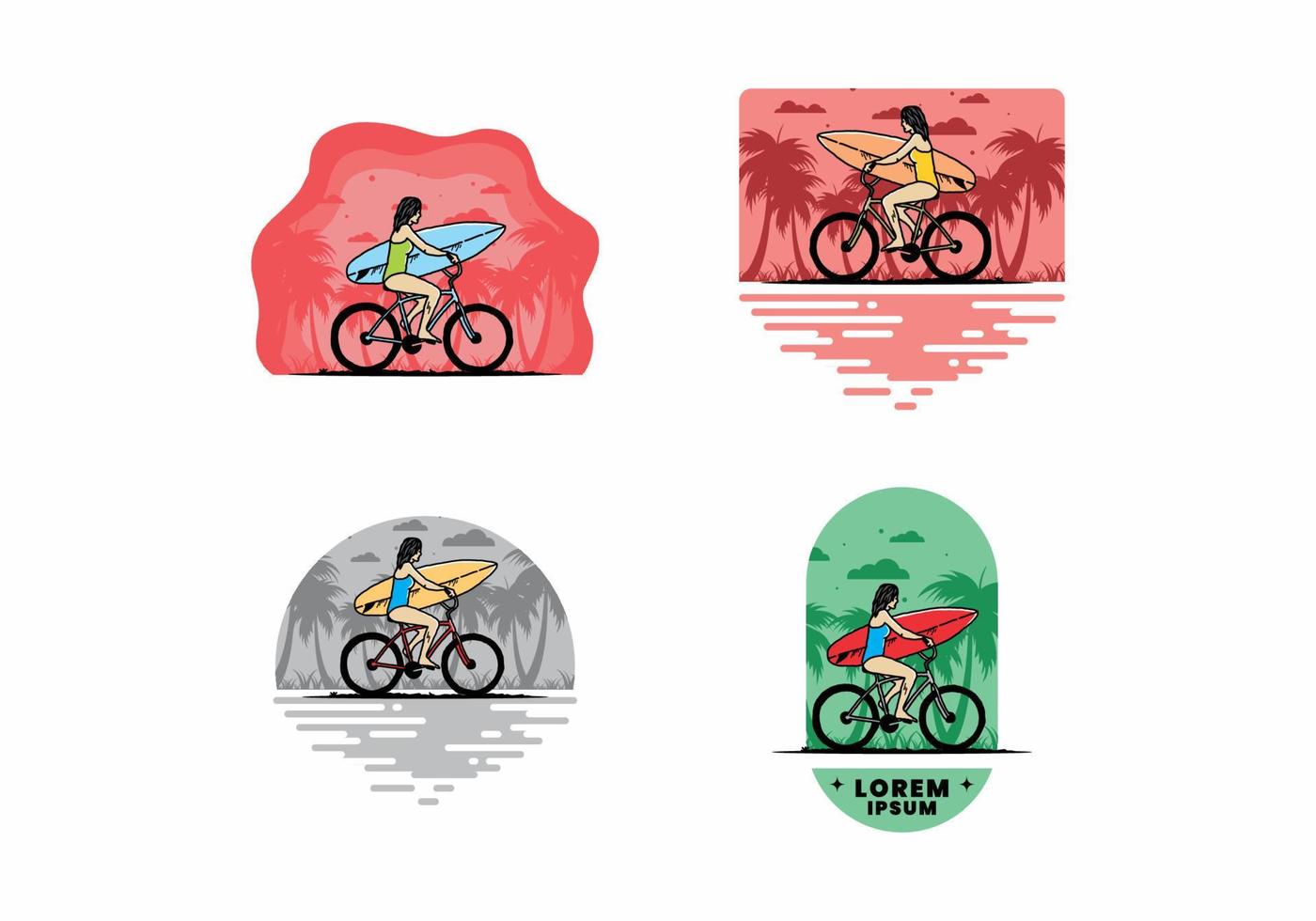 ilustración de una mujer que va a surfear en bicicleta vector