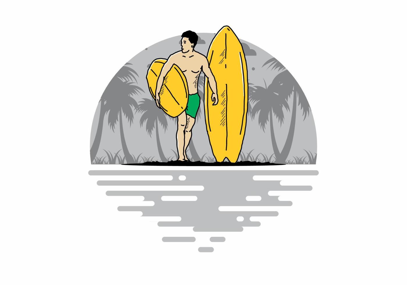 The shirtless man holding surfboard illustration vector