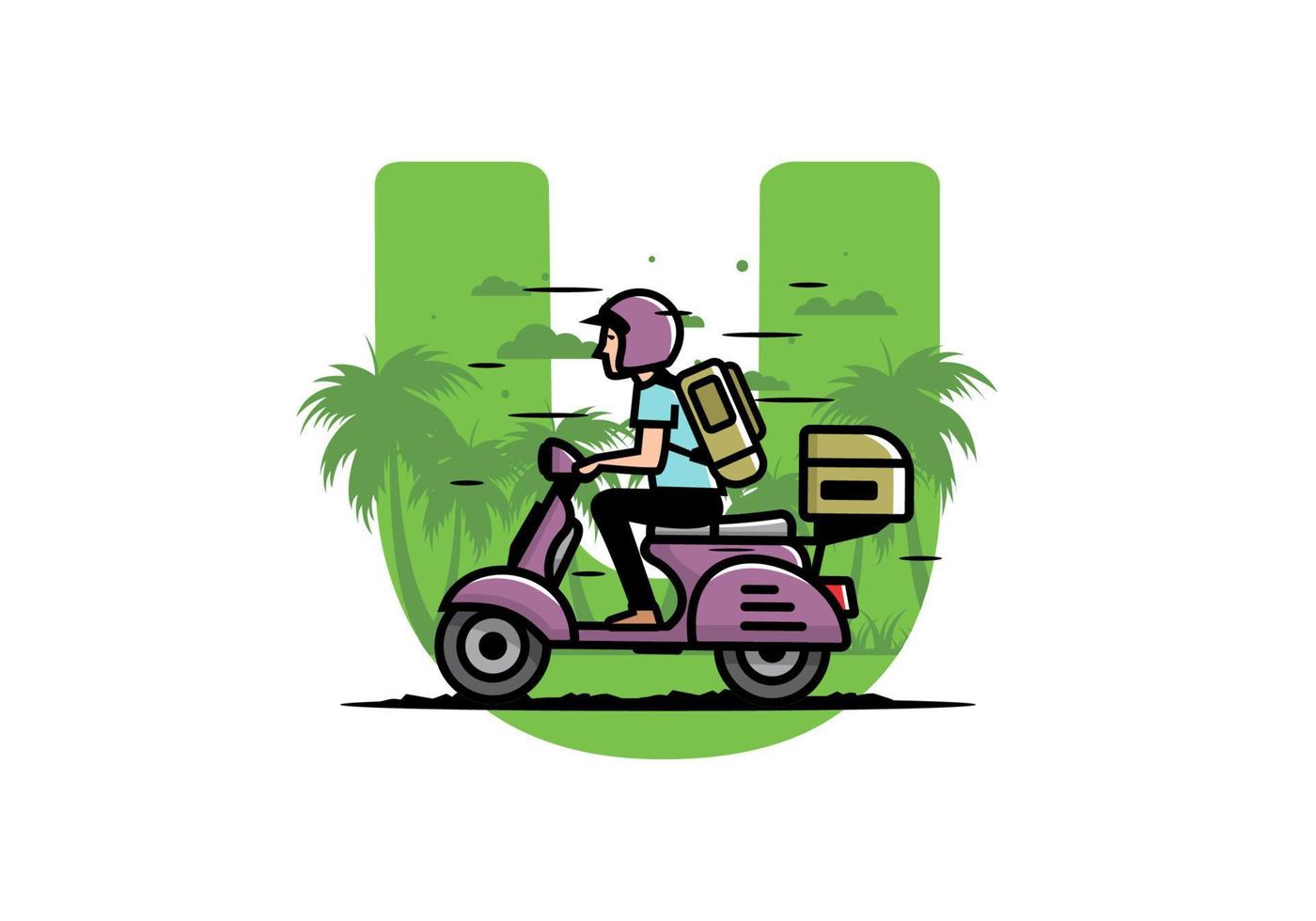 el hombre se va de vacaciones montando scooter ilustración vector