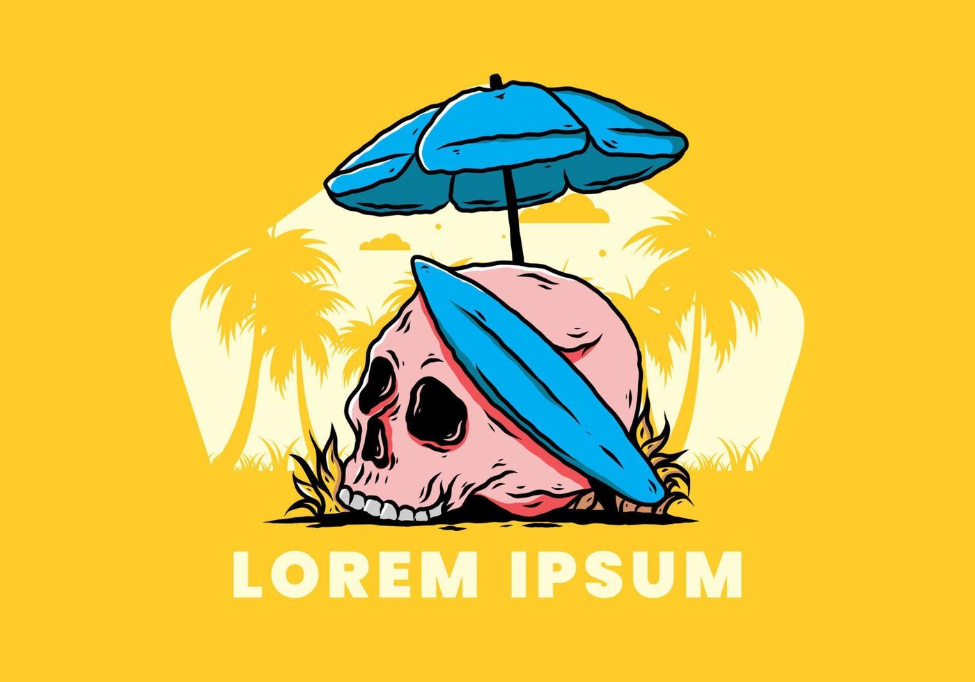 illustration of skull with surfing board under beach umbrella vector