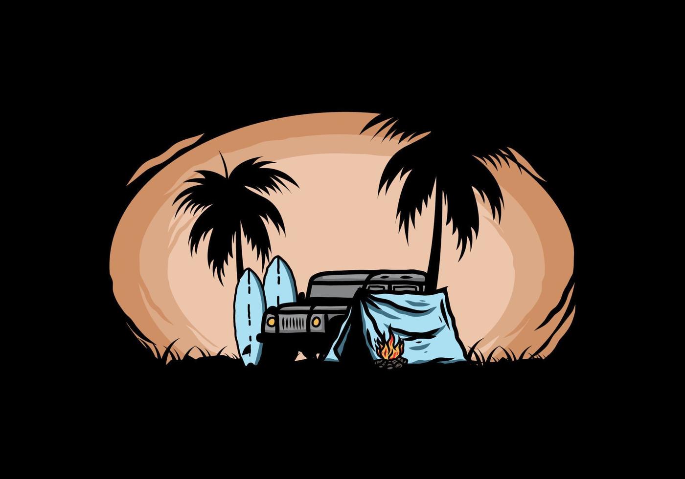 Camping on the beach with off road car vector
