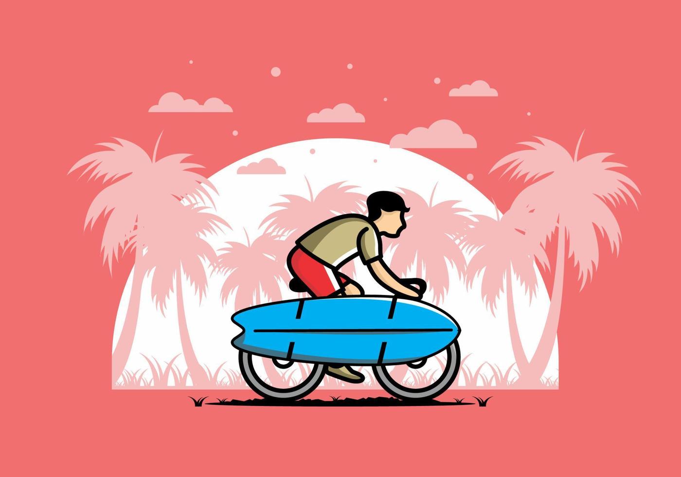 andar en bicicleta con una ilustración de tabla de surf vector