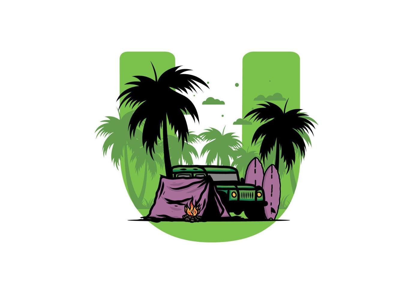 Camping on the beach with off road car vector
