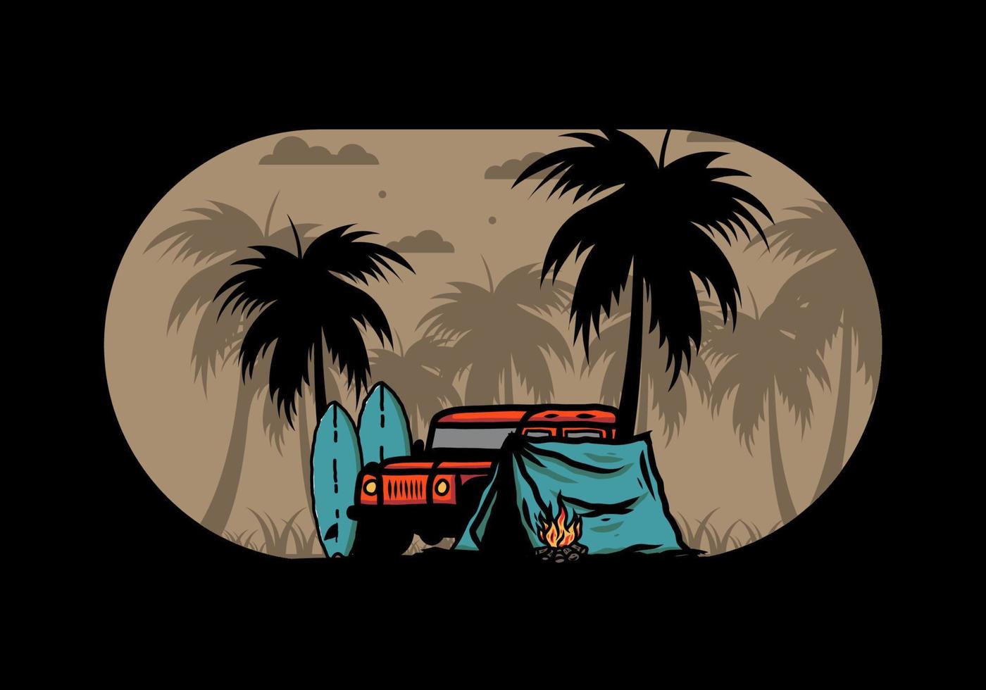 Camping on the beach with off road car vector