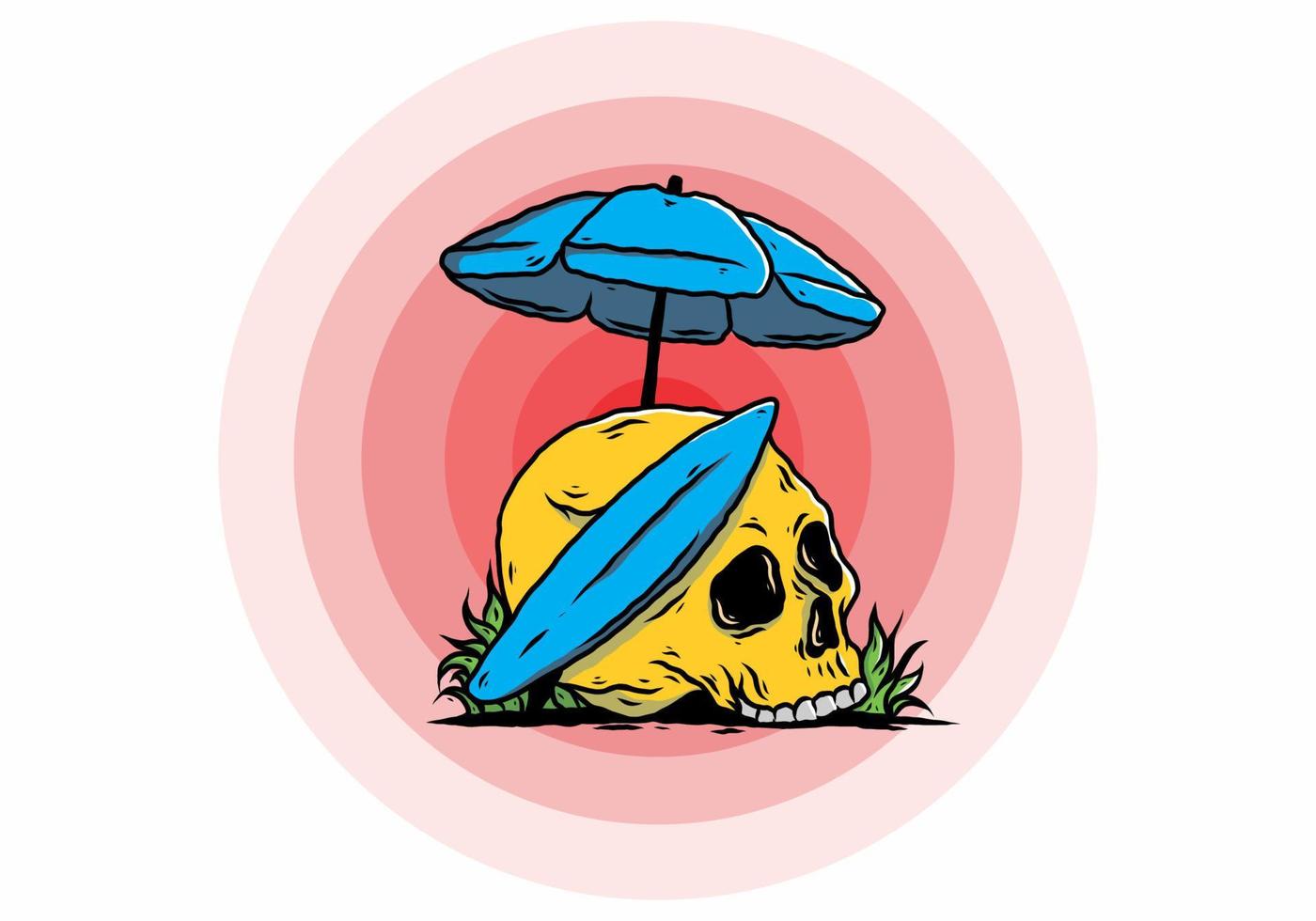 illustration of skull with surfing board under beach umbrella vector