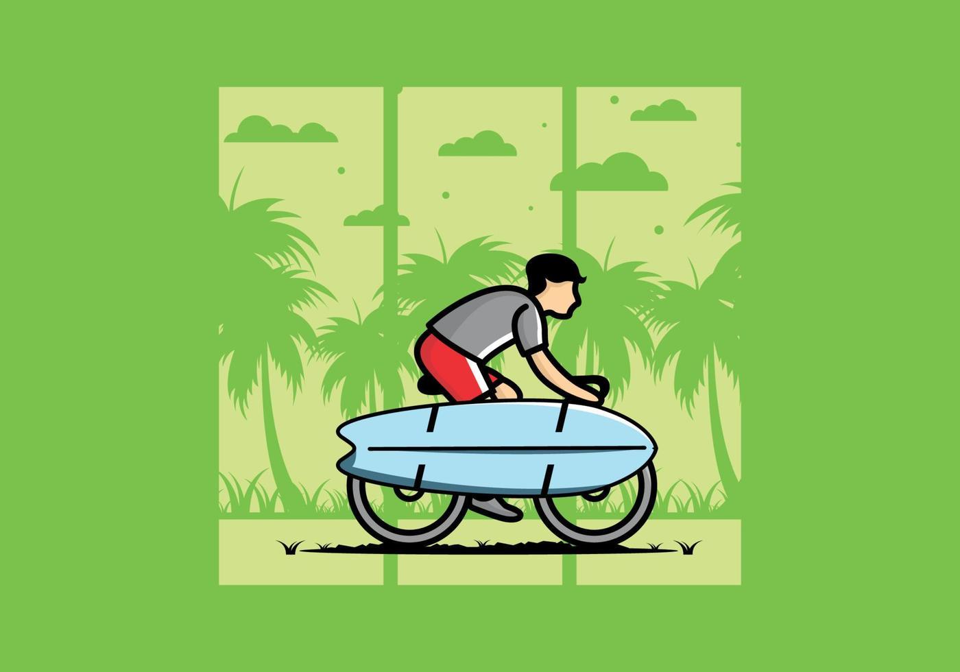 andar en bicicleta con una ilustración de tabla de surf vector