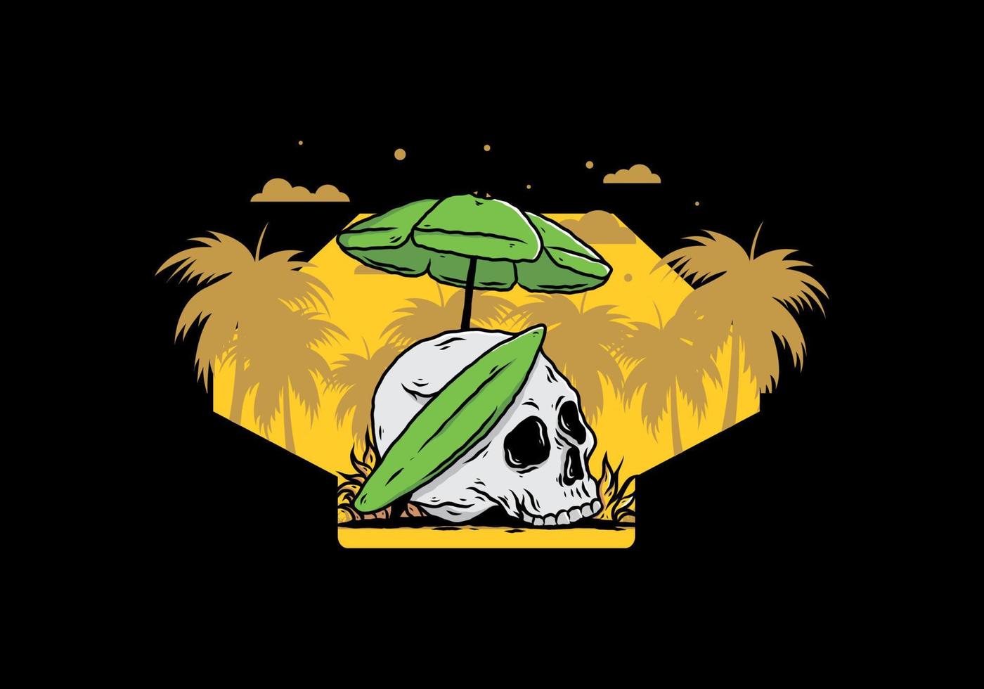 illustration of skull with surfing board under beach umbrella vector