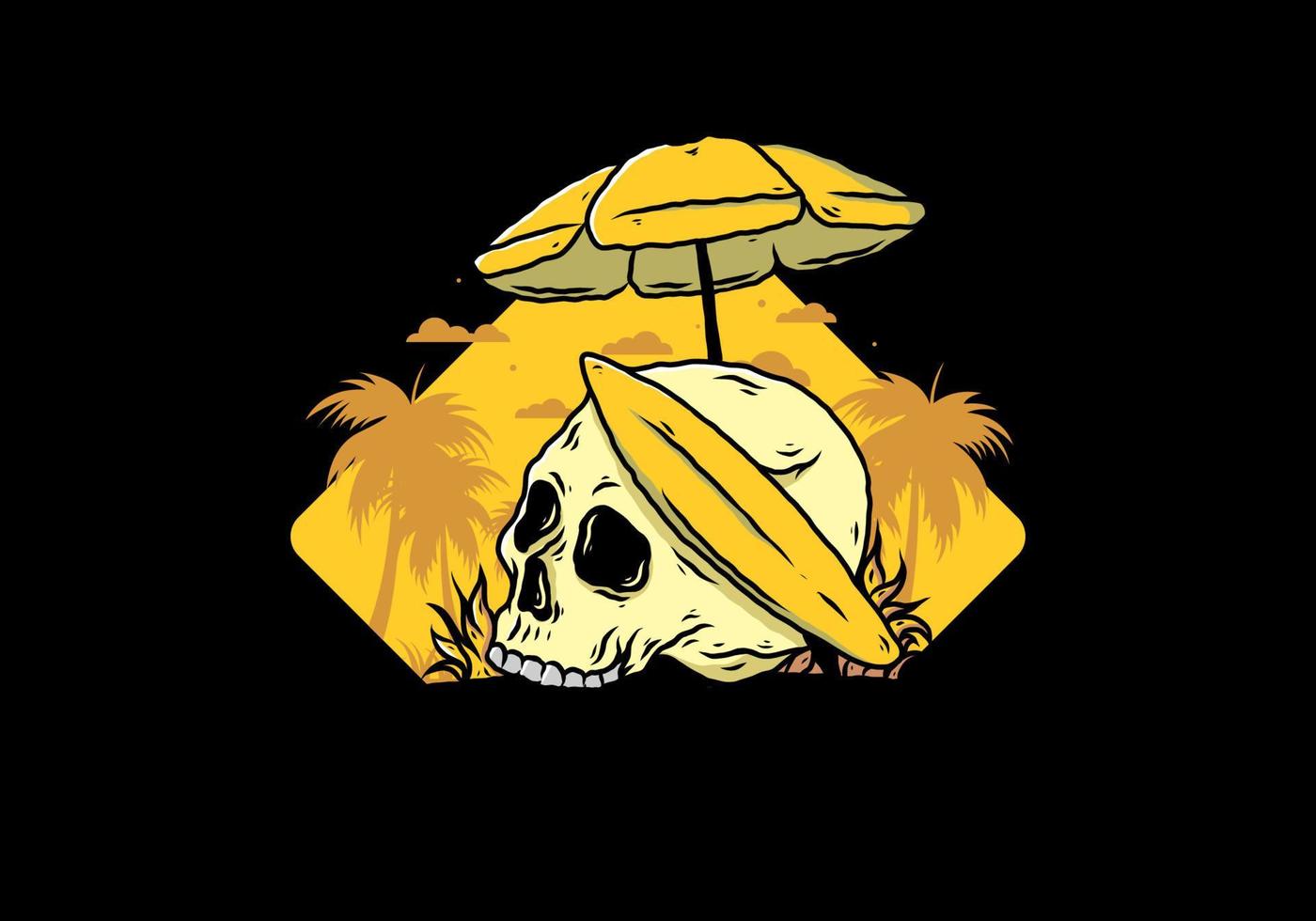 illustration of skull with surfing board under beach umbrella vector