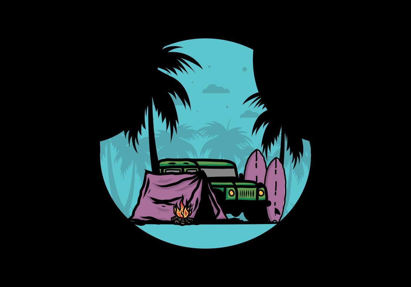 Camping on the beach with off road car vector