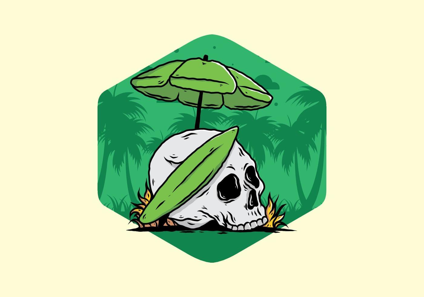 illustration of skull with surfing board under beach umbrella vector