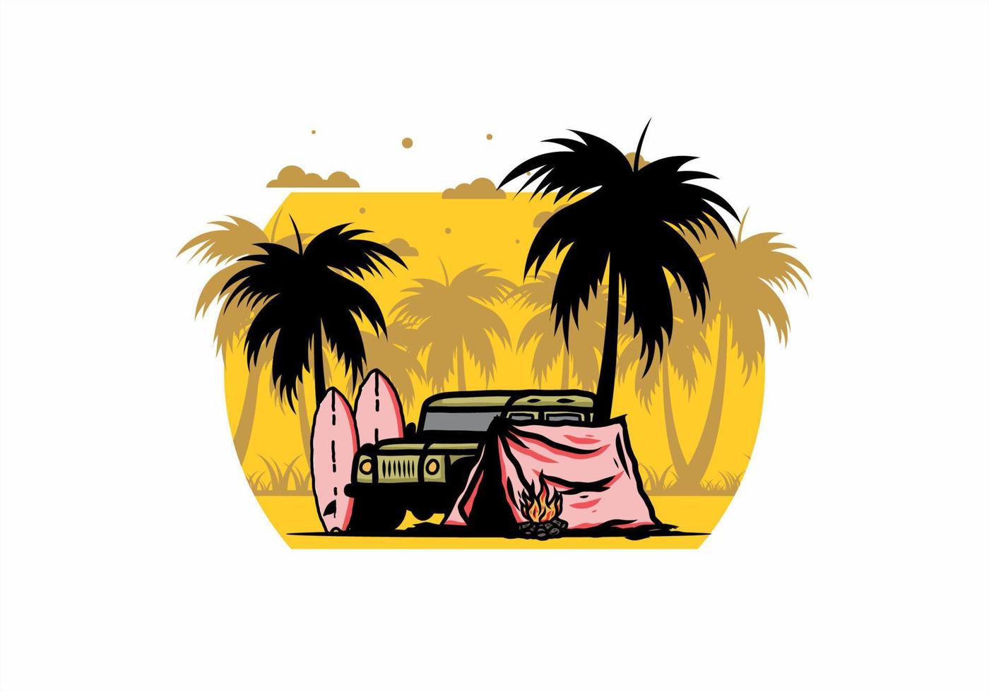 Camping on the beach with off road car vector